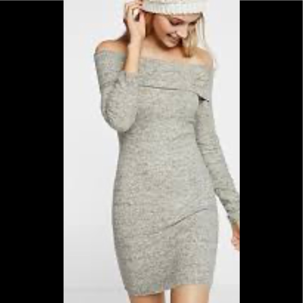 Express Grey Off the Shoulder Knit Bodycon Dress